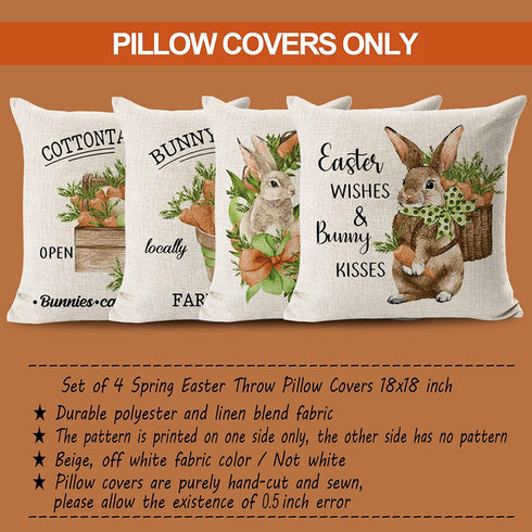 JOJOGOGO Bunny Easter Throw Pillow Covers 18x18 Set of 4 Carrot Easter Decorations Farmhouse Spring Pillow Covers Home Decor for Couch Sofa Porch