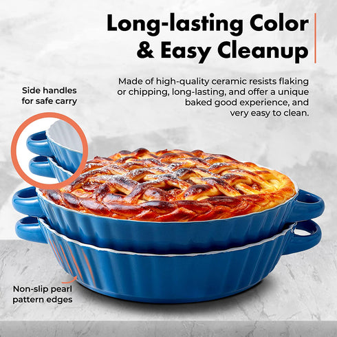 Bruntmor Set Of 2 Quiche Pan Ceramic Pie Pan, 9.5 Inch Tart Pan - Round Pie Plate Baking Dish with Ribbed Edges, W/ Side handles, Blue