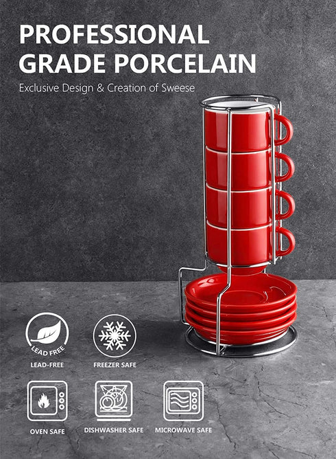 Sweese 405.404 Porcelain Stackable Espresso Cups with Saucers and Metal Stand - 4 Ounce - Set of 4, Red