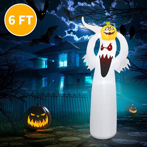 Vansdon 6Ft Tall Halloween Inflatable Spooky Ghosts with Pumpkins LED Lights Decor Outdoor Indoor Holiday Decorations, Blow up Lighted Yard Decor, Lawn Inflatables Ghost Yard Prop(White)