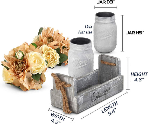 Besuerte Decorative Mason Jar Centerpiece, Rustic Wood Tray Home Decor with 2 Mason Jars,Rose Bouquet Flowers for Dining Room,Living Room,Kitchen,Office,Coffee Table,Utensils Holder, White