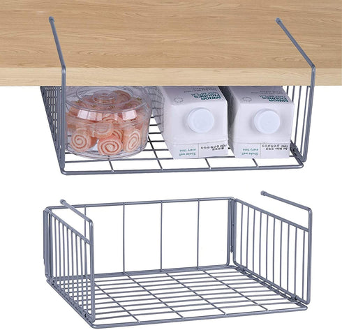 SUFAUY Stainless Steel 2-Pack Under Cabinet Shelf Basket Organizer, Metal Wire Rack Hanging Storage Baskets Holds up to 22lbs for Kitchen Pantry or Refrigerator, Silver