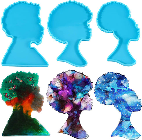3 Pieces Afro Female Head Silicone Mold Large Beauty Tray Mold African Girl Coaster Resin Mold Women Head Shape Epoxy Mold for Resin Casting DIY Crafts (Blue)