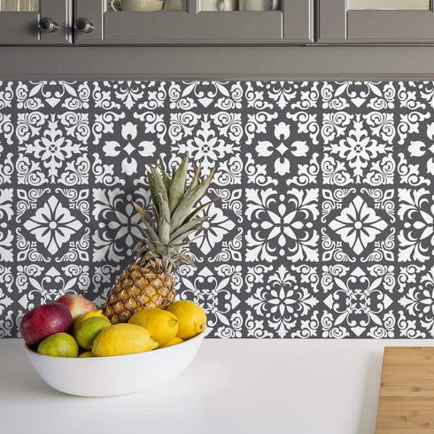 WALPLUS 24pcs 6" Peel and Stick Vinyl Backsplash Tiles Stickers Tile Paint Removable Waterproof Self-Adhesive Decals Vinyl Home Kitchen Bathroom Spring Easter Decoration (Dark Grey Spanish Renaissance)