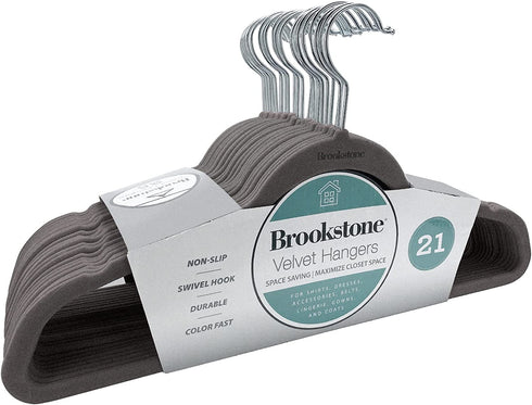 Brookstone BKH2125 Velvet Hangers, Non-Slip, 360° Swivel Hook, Lightweight & Slim, Strong & Durable, Space Saving Design, Heavy Duty, Won™t Stain Fabric, Noise Gray / 21 Pack