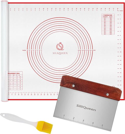 SiliQueen Silicone Pastry Baking Mat with Measurements Extra a Brush and a Dough Scraper - 31.5 x 23.6 Heat Resistant, BPA Free, Non-Stick Non-Slip Pastry Mat for Rolling Dough - Easy to Clean, Red