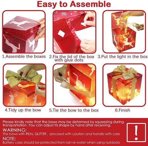 4 Christmas Lighted Gift Boxes and 80 LED Light Decorations, Xmas Tree Reindeer Lit Present Box with Glitter Bows for Indoor Home Party Decor
