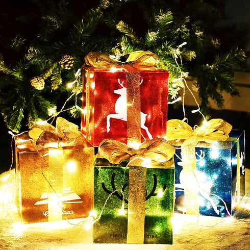 4 Christmas Lighted Gift Boxes and 80 LED Light Decorations, Xmas Tree Reindeer Lit Present Box with Glitter Bows for Indoor Home Party Decor