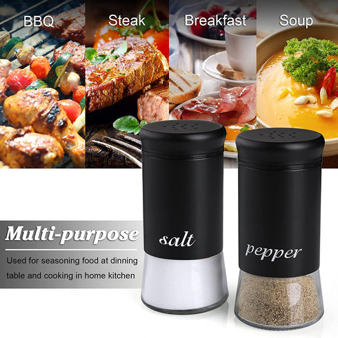 Salt and Pepper Shakers Set, Stainless Steel Black Salt and Pepper Shakers with Clear Glass Bottom, 5 oz Farmhouse Salt and Pepper Set for Cooking Table, RV, BBQ, Easy to Clean & Refill