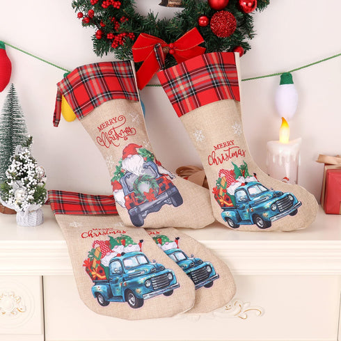 Yuokwer Christmas Stockings?Big Size 4 Pack 18-Inch Extra Long Blue Truck Burlap Stocking Xmas Hanging Stocking Character for Family Holiday Season Decor (Blue Car, 4)