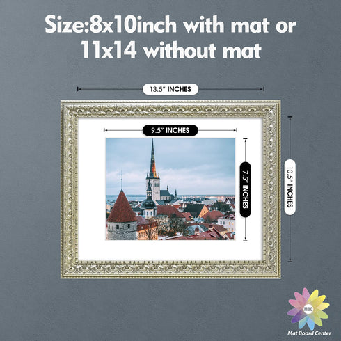 MBC MAT BOARD CENTER,11x14 Ornate Picture Frame, Silver Beige Color,Matted to 8x10 - White Mat - Tempered Glass