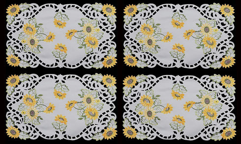 Creative Linens 4PCS Embroidered Cutwork Sunflower Placemats 11x17 White, Set of 4 Pieces