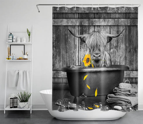 LB Funny Highland Cow Shower Curtain, Modern Farmhouse Highland Cow with Sunflower Shower Curtains, Grey Rustic Wood Barn Door Western Wildlife Animal Bathroom Curtains Set with Hooks, 60X72 Inches