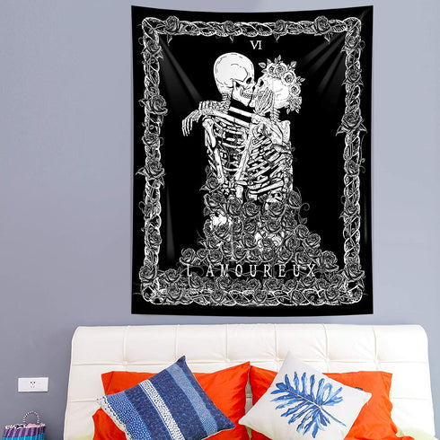 Skeleton Wall Tapestry for Bedroom,Black Skull Kissing Lovers Tapestry Wall Hanging,Romantic Tarot Tapestry for Room, Living Room Dorm Decoration?82.7" x 59.1"