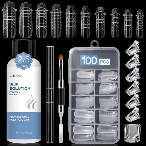 Morovan Slip Solution Poly Gel 2.5oz Nail Extension Gel Slip Solution Anti-stick Gel Solution Liquid With Brush Nail Tips Clips Crystal Cup for Poly Nail Gel Nail Art Kit Easy DIY