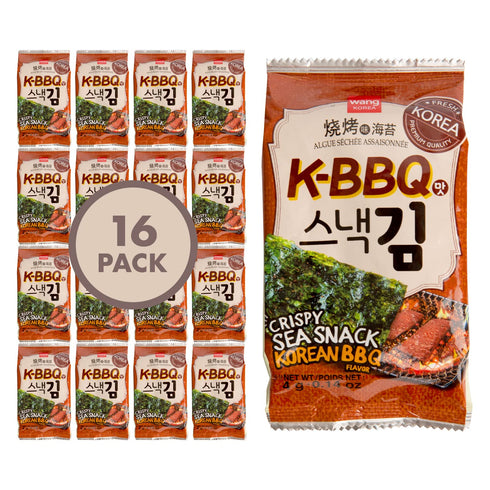 Wang Roasted Seaweed Snack, Korean Barbeque Flavored, Keto-friendly, Vegan, Gluten-Free, Healthy Snack 0.14 Ounce, Pack of 16