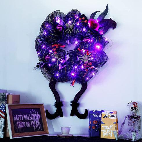 Lulu Home Halloween Wreath, 30 LED Purple Lighted Front Door Wreath with Witch Hat Leg Mesh Decor, Battery Operated Halloween Wired Ribbon Wreath Artificial Door Wreath Hanging Ornament, NOT PRELIT