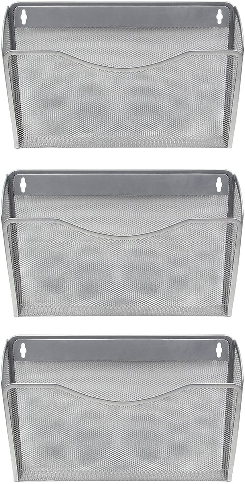 EasyPAG Wall File Holder Hanging Organizer 3 Mesh Collection Single Pocket for Office and Home,Silver