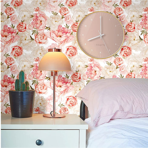 Blooming Wall Peel&Stick Removable Pink Champagne Fresh Peony Self-Adhesive Prepasted Wallpaper Wall Mural (Vintage Pink/Light Champagne, 17.7€œx118)