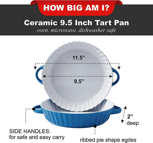 Bruntmor Set Of 2 Quiche Pan Ceramic Pie Pan, 9.5 Inch Tart Pan - Round Pie Plate Baking Dish with Ribbed Edges, W/ Side handles, Blue