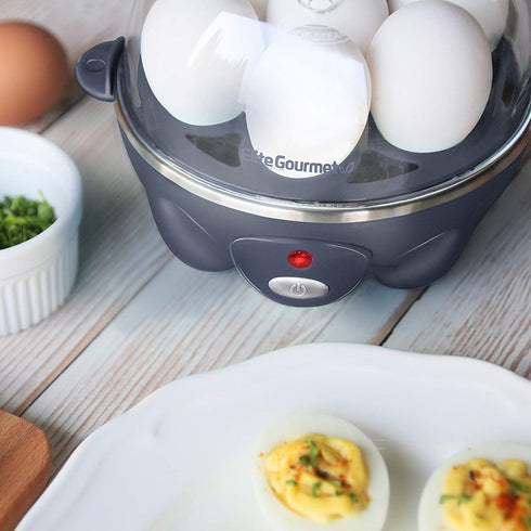 Elite Gourmet EGC007BG Rapid Egg Cooker, 7 Easy-To-Peel, Hard, Medium, Soft Boiled Eggs, Poacher, Omelet Maker, Auto Shut-Off, Alarm, 16-Recipe Booklet, BPA-Free, Slate Blue