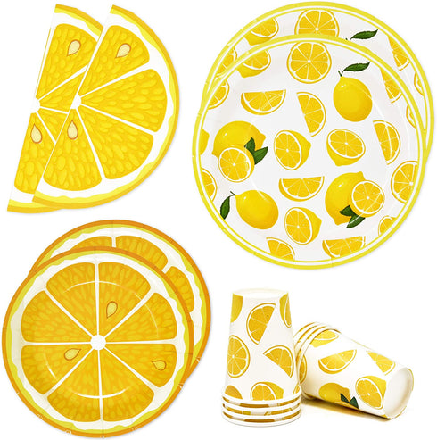 Yellow Lemon Citrus Fruit Party Supplies Tableware Set Includes 24 9" Paper Plates 24 7" Plate 24 9 Oz Cups 50 Lunch Napkins for Lemons Lemonade Summer Tropical Themed Disposable Birthday Dinnerware