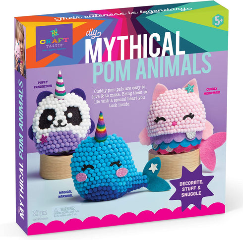 Craft-tastic – DIY Mythical Pom Animals – Craft Kit Makes 3 Pompom Stuffed Animals – Magical Narwhal, Puffy Pandacorn & Cuddly Meowmaid Brown/a