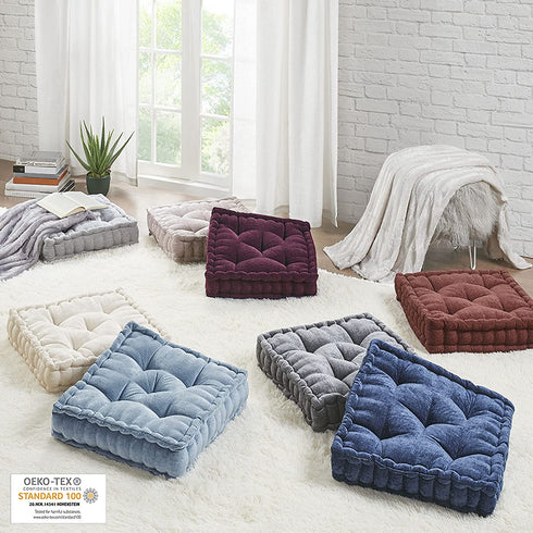 Intelligent Design Azza Floor Pillow Square Pouf Chenille Tufted with Scalloped Edge Design Hypoallergenic Bench/Chair Cushion, 20"x20"x5", Blush