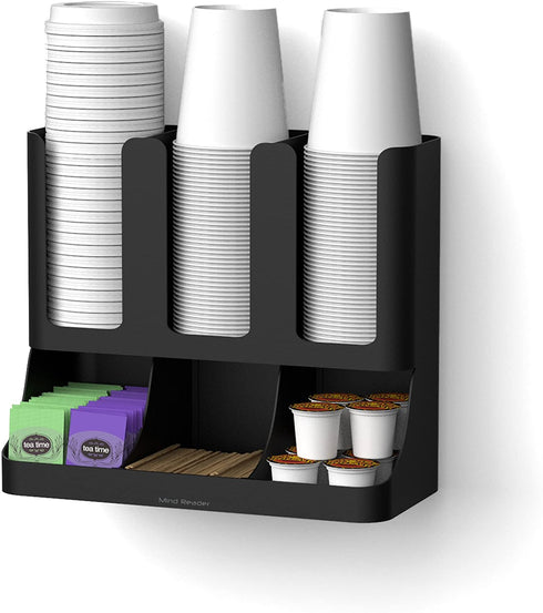 Mind Reader 6 Compartment Upright Breakroom Coffee Condiment and Cup Storage Organizer, Black, 13.5 x 4.30 x 12
