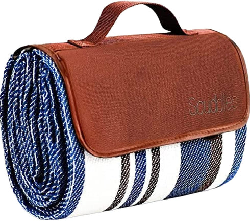 Extra Large Picnic & Outdoor Blanket Dual Layers for Outdoor Water-Resistant Handy Mat Tote Spring Summer Blue and White Striped Great for The Beach