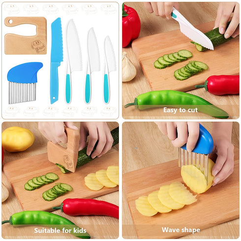 7 Pieces Wooden Kids Kitchen Knife Include Wood Kids Knife Plastic Potato Slicers Cooking Knives Serrated Edges Toddler Knife Kids Plastic Knife Resistant Gloves for Kitchen Children(Car)