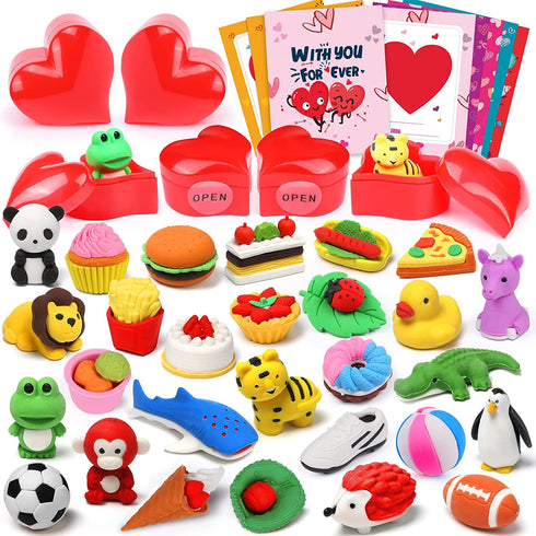 28 Pcs Kids Valentines Gifts Valentines Cards for Kids Classroom Exchange Valentine Party Favors for Kids Cute 3D Animal Eraser Filled Hearts Valentine Day Gifts for Kids with Kids Valentine Cards