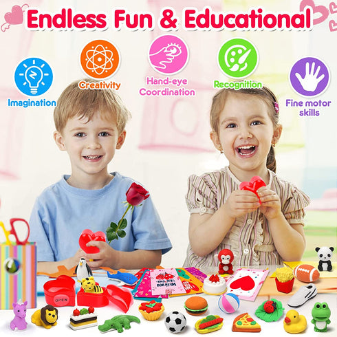 28 Pcs Kids Valentines Gifts Valentines Cards for Kids Classroom Exchange Valentine Party Favors for Kids Cute 3D Animal Eraser Filled Hearts Valentine Day Gifts for Kids with Kids Valentine Cards