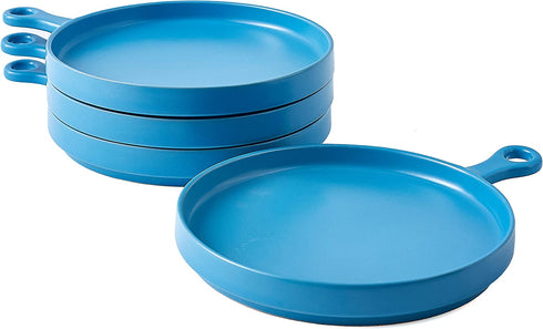 Dinner Plates Plate Set of 4, Ceramic 8 Inch Dinner Plates, Elegant Matte Serving Dinner Plates With Skillet Look Handle for Pizza, Steak, Pasta, Salad, Serving Trays, Blue
