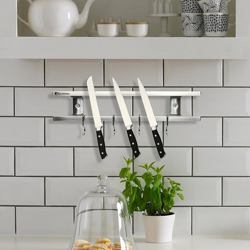 Magnetic Knife Holder for Wall - Metal Knife Magnetic Strip 12 Inch - Stainless Steel Knife Magnet Bar Rack With Hooks - Kitchen Utensil Holder and Knife Storage Holder