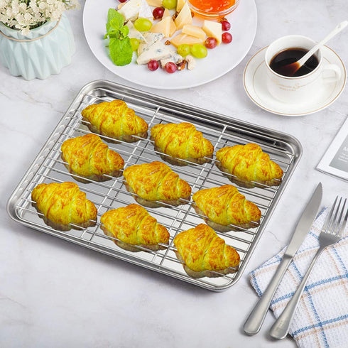 WEZVIX Stainless Steel Baking Sheet with Rack Set Tray Cookie Sheet & Oven Pan 12.5 x 10 x 1 inch, Non Toxic & Healthy, Rust Free & Less Stick, Thick & Sturdy, Easy Clean & Dishwasher Safe