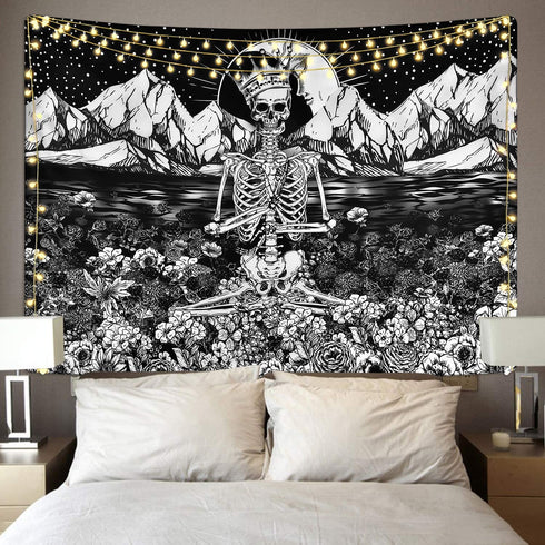Skull Floral Tapestry Meditation Skeleton Tapestry Mountain Wave Tapestry Moon and Star Tarot Tapestry Starry Black and White Tapestry(59.1 x 82.7 inches)