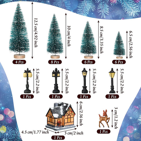 Marsui Christmas Pine Trees Artificial Snow Frost Trees Green Bottle Brush Trees with Christmas Miniature Village House, Mini Street Light, Deer Toys Figure for Christmas Decoration, Set of 30