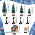 Marsui Christmas Pine Trees Artificial Snow Frost Trees Green Bottle Brush Trees with Christmas Miniature Village House, Mini Street Light, Deer Toys Figure for Christmas Decoration, Set of 30