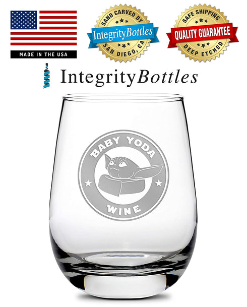 Integrity Bottles Premium Baby Yoda Stemless Wine Glass - Hand-Etched, Sand-Carved Drinking Glass - Best Valentines Day Gifts for Women and Men - Made in USA - 16 oz