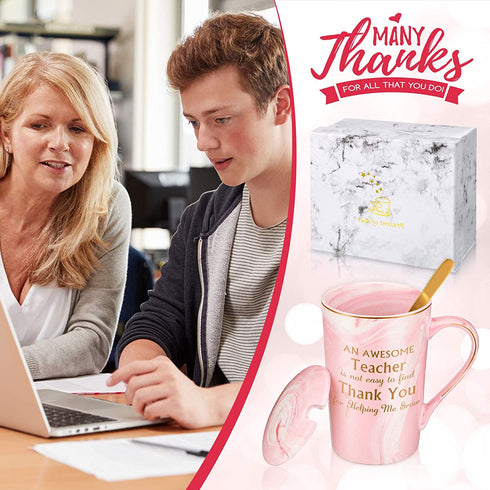 Funny Christmas Thank You Teacher Coffee Mug Gifts, An Awesome Teacher Is Not Easy to Find Mug Gift for Graduation Birthday Favor, 14 oz Coffee Marble Mug with Gift Box and Gold Spoon (Pink)