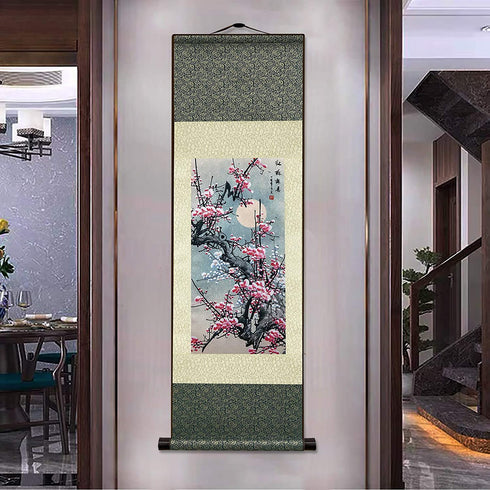 AtfArt Asian Wall Decor Beautiful Silk Scroll Painting Flowers - Plum - Red Plum Primula Primula Rubra Oriental Decor Chinese Art Wall Scroll Wall Hanging Painting Scroll (39 x 12 in)