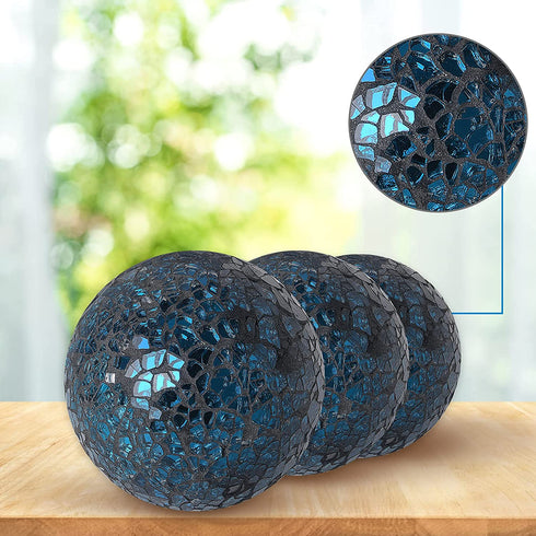 3Pcs 8cm/3.15inch Mosaic Decoration Ball Set Centerpiece Balls Gradient Mosaic Glass Solid Ball , for Centerpiece Bowls, Vases, Tables, Wedding, Party Thanksgiving Christmas Decoration (Black Blue)