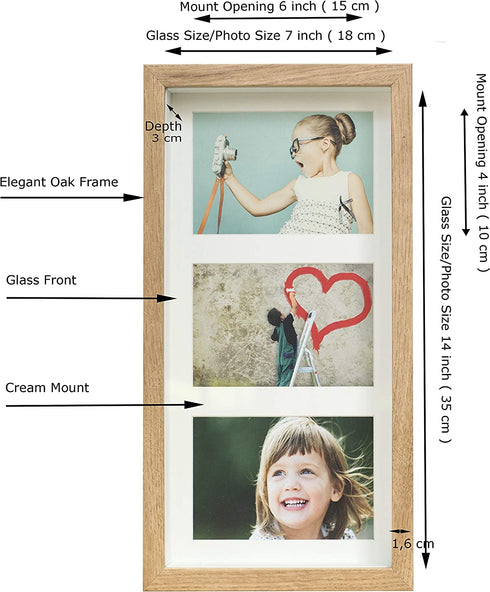 BD ART 7x14 (18 x 35 x 4.7 cm) Rustic Oak Shadow Box 3D Picture Frame with Mat for 3 Pictures 4x6 inch, Glass Front