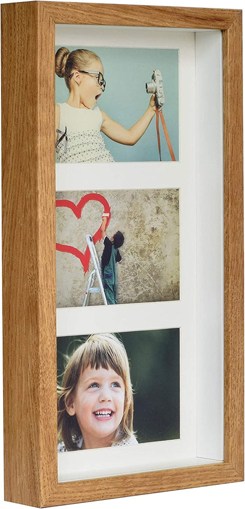 BD ART 7x14 (18 x 35 x 4.7 cm) Rustic Oak Shadow Box 3D Picture Frame with Mat for 3 Pictures 4x6 inch, Glass Front
