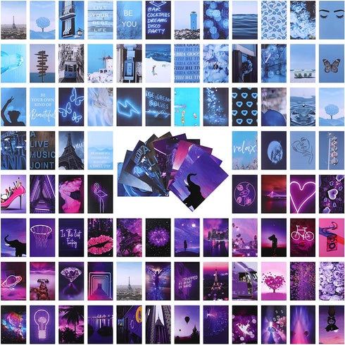 100 Pieces Blue and Purple Wall Collage Kit Aesthetic Wall Art Boho Photo Collage Kit 6 x 4 Inch Blue Aesthetic Posters Aesthetic Room Decor for Bedroom