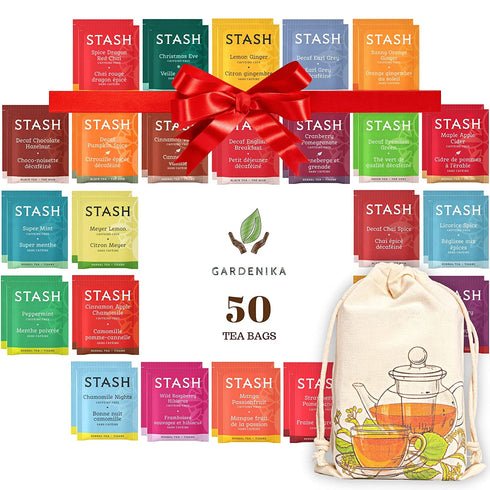 Stash Tea Bags Variety Pack - Herbal and Decaf - Caffeine Free Assorted Teas - Tea Sets for Women and Men - 50 Ct, 25 Different Flavors - 100% Handmade Cotton Pouch Included