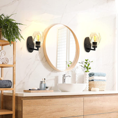 Bathroom Vanity Light Fixtures, Matte Black Industrial Farmhouse Wall Sconce with Seeded Glass Shade, Vintage Edison Wall Lamp Lighting for Living Room, Bedroom, Hallway, Stairs, Kitchen (No Bulb)