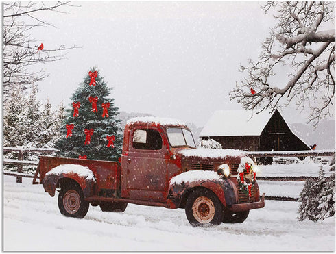 Lighted Vintage Red Truck Canvas Wall Art - LED Picture with Christmas Tree and Old-Fashioned Red Pick-Up Truck Winter Scene - Barn and Farmstead Setting