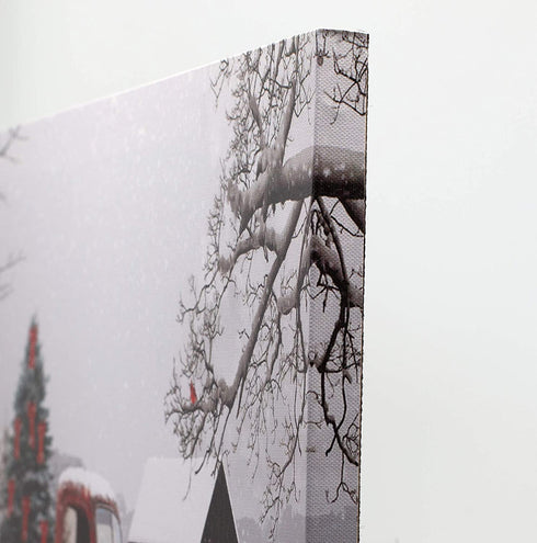 Lighted Vintage Red Truck Canvas Wall Art - LED Picture with Christmas Tree and Old-Fashioned Red Pick-Up Truck Winter Scene - Barn and Farmstead Setting